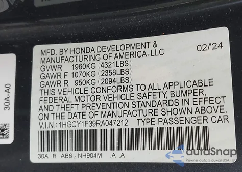 2024 Honda Accord Ex from USA, damaged, VIN 1HGCY1F39RA047212